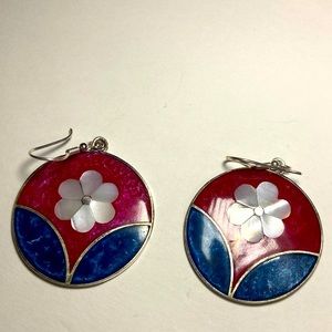 Mexico Alpaca Red and Blue Abalone  Earrings